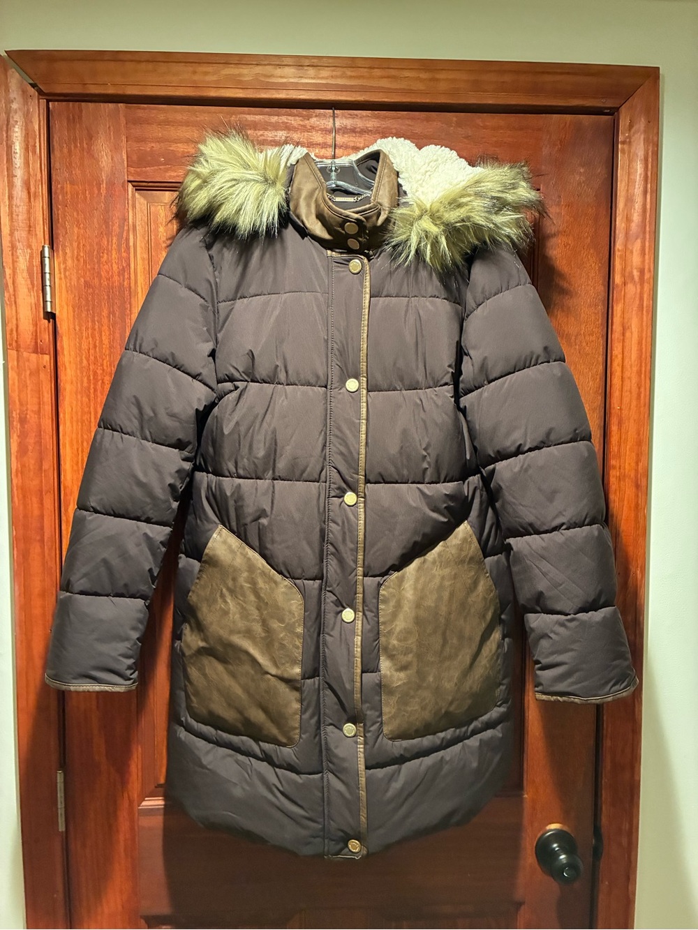 dennis basso Dark Brown Quilted Puffer Coat with Faux Fur Hood